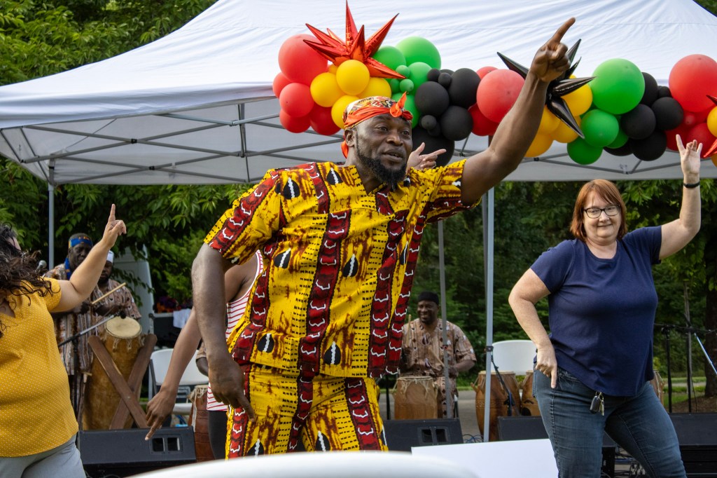 Audience members were able to participate in the performance by Anansi Beat at Wilsonville's Juneteenth celebration on Thursday, June 19. (Krista Kroiss/Wilsonville Spokesman)